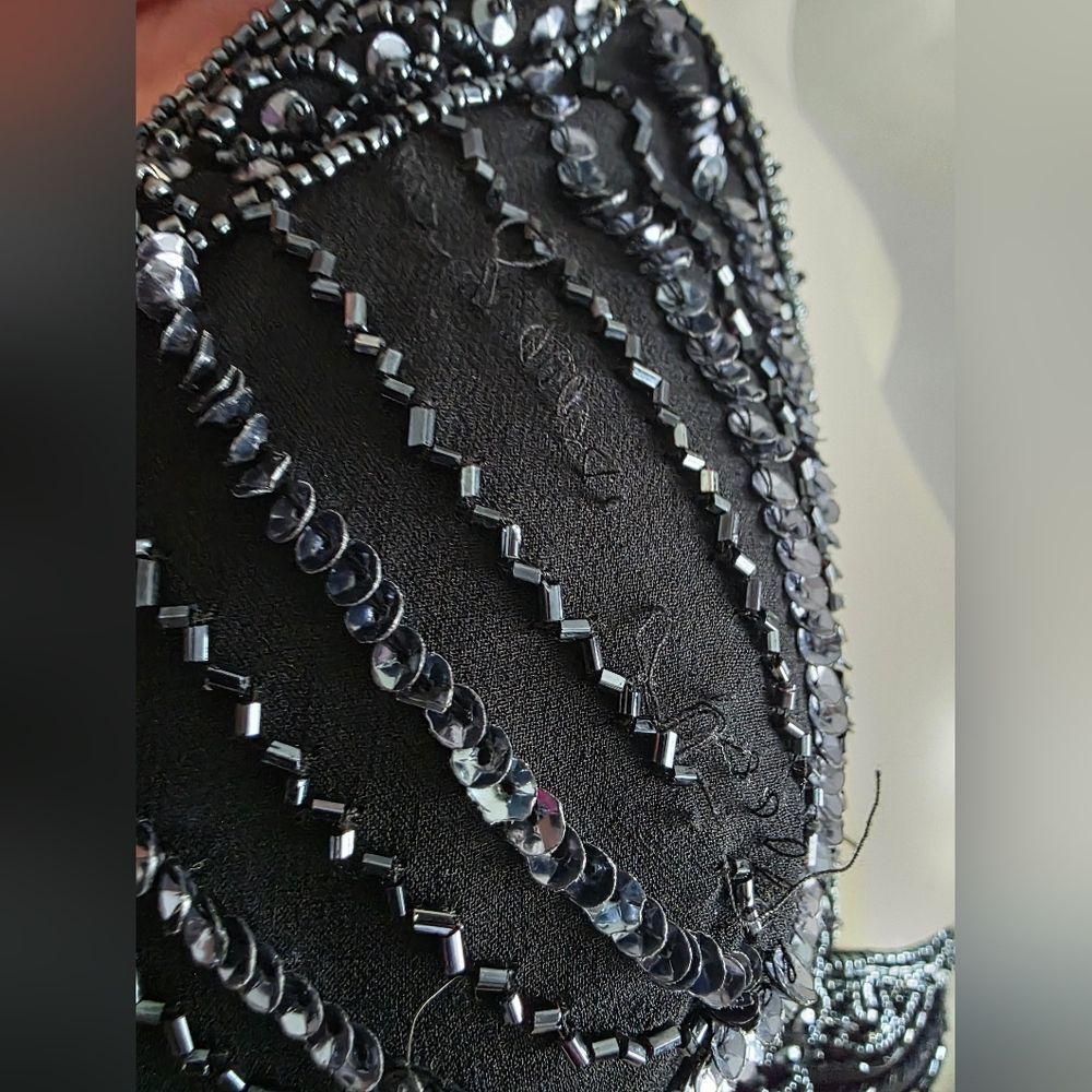 Black Fully Sequin Beaded Flapper Style Cocktail Dress Sleeveless Silk Sz 14 - Picture 6 of 16